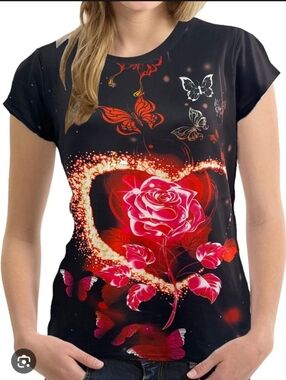 Retro 3D Black Rose/Heart/Butterflies Graphic Tee- Women's